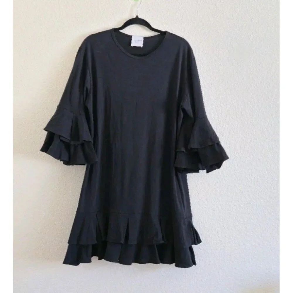 Alison Brett X Casual Bell Tiered Sleeve Ruffle Mini Dress Peasant L Black